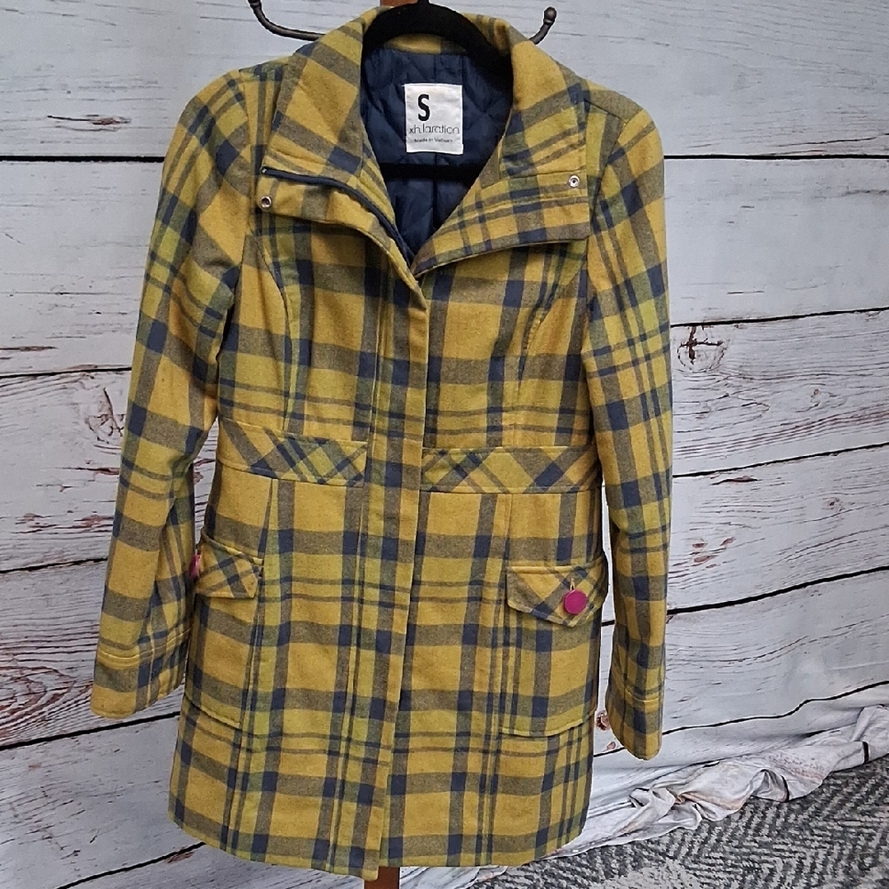 Xhilaration Yellow and Gray Plaid Trench Coat